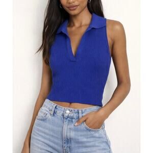 Happily Grey Blue Ribbed Knit Sleeveless Collared Top Size M